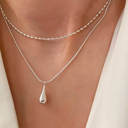 Sterling Silver Double-Layer Water Drop Necklace