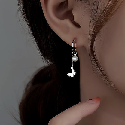 Sterling Silver Double Later Butterfly Pearl Earrings