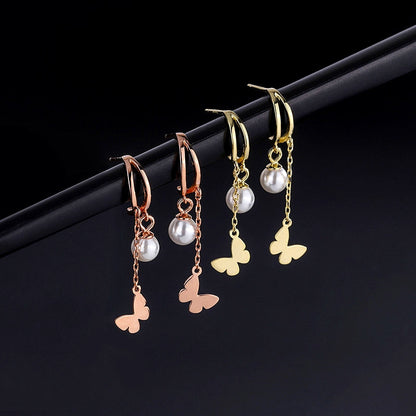 Sterling Silver Double Later Butterfly Pearl Earrings