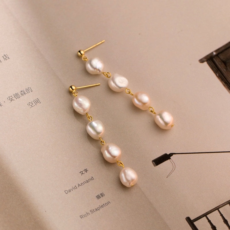 Sterling Silver Elegant Baroque Pearl Tassel Earrings