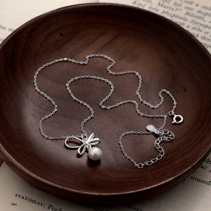 Sterling Silver Elegant Bow Pearl Necklace
