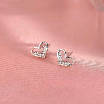 Sterling Silver Elegant Diamond Heart Stud Earrings