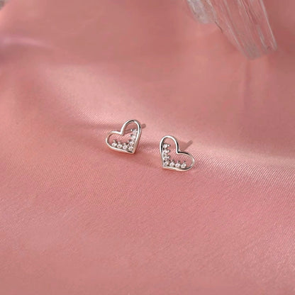 Sterling Silver Elegant Diamond Heart Stud Earrings