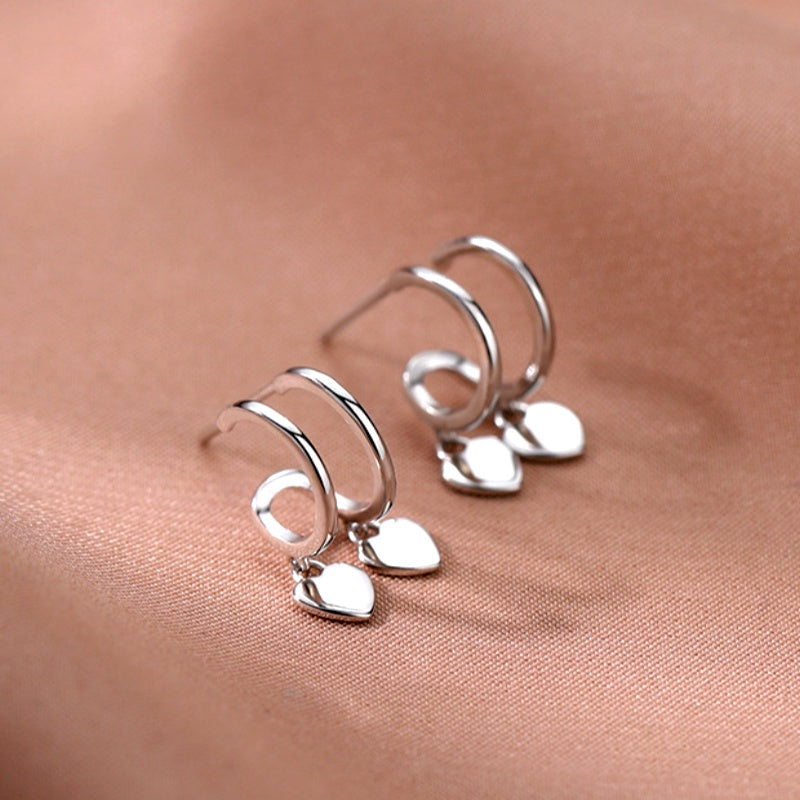 Sterling Silver Elegant Double-Layer Heart Earrings