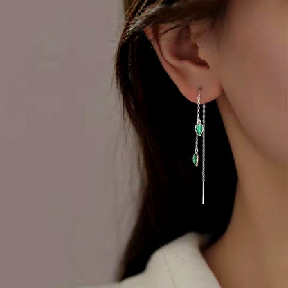 Sterling Silver Elegant Green Leaf Threader Earrings