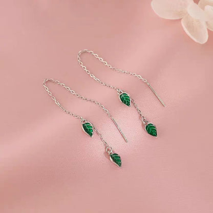Sterling Silver Elegant Green Leaf Threader Earrings