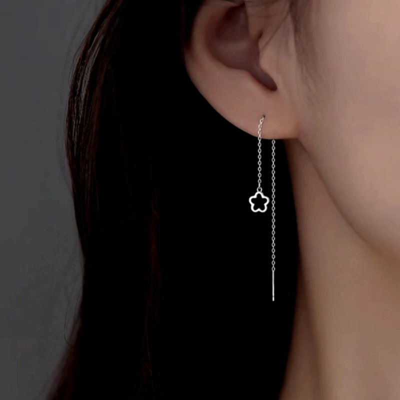 Sterling Silver Elegant Hollow Flower Threader Earrings