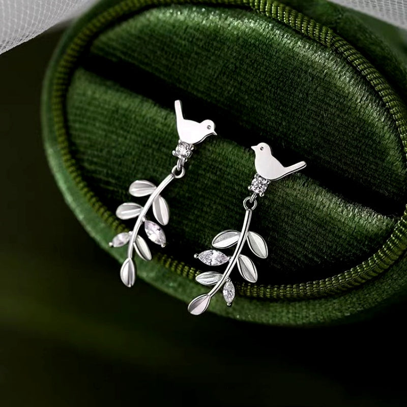 Sterling Silver Elegant Olive Branch Bird Earrings