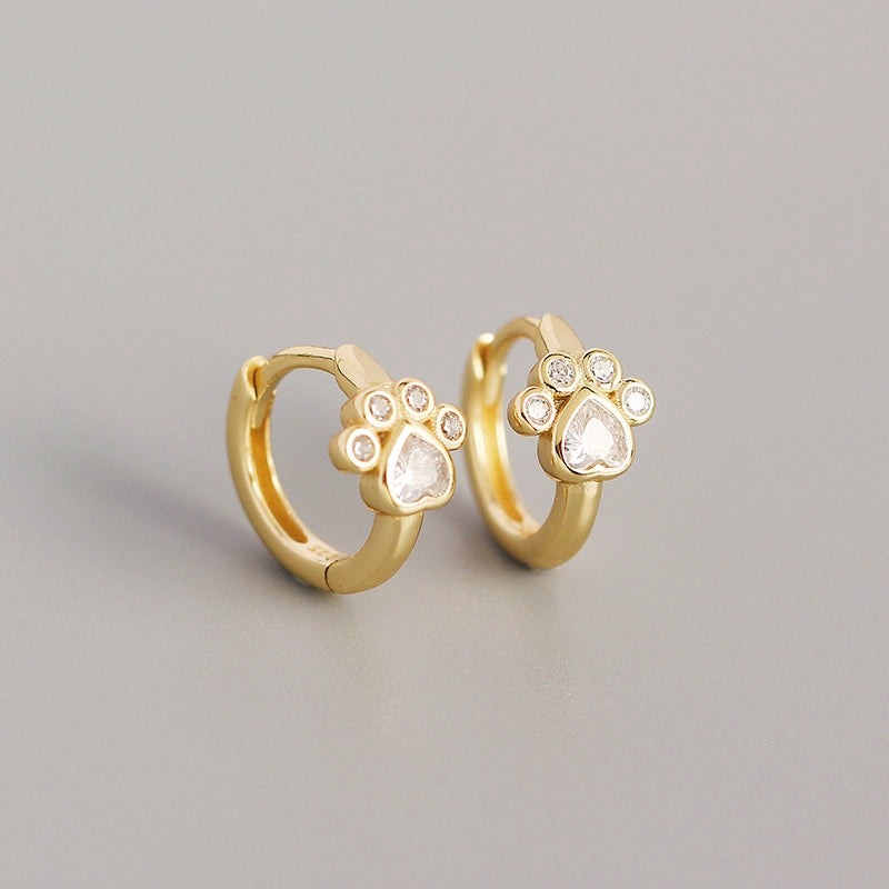 Sterling Silver Elegant Zircon Cute Cat Paw And Foot Earrings