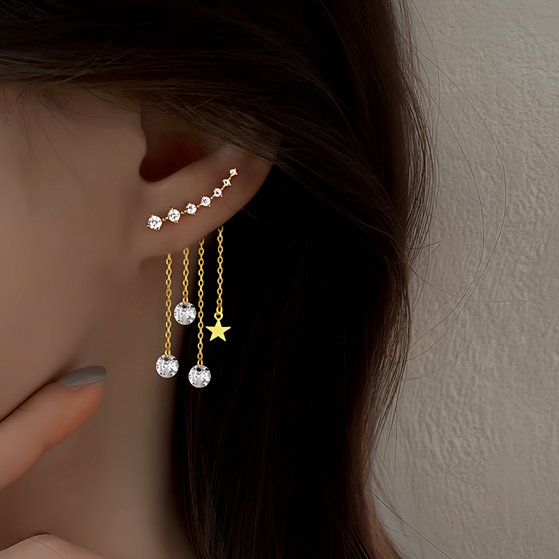 Sterling Silver Elegant Zircon Diamond Star Tassel Earrings