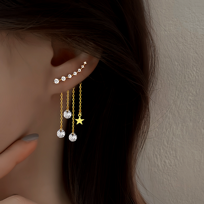 Sterling Silver Elegant Zircon Diamond Star Tassel Earrings