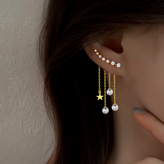 Sterling Silver Elegant Zircon Diamond Star Tassel Earrings