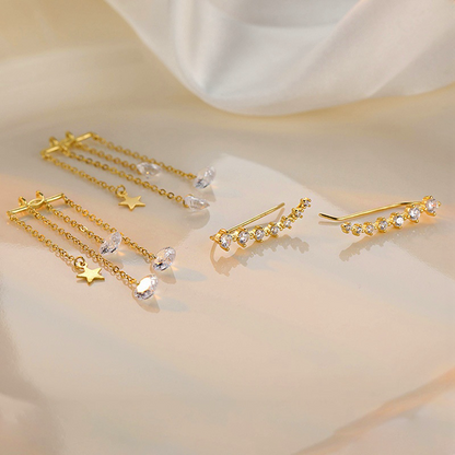 Sterling Silver Elegant Zircon Diamond Star Tassel Earrings