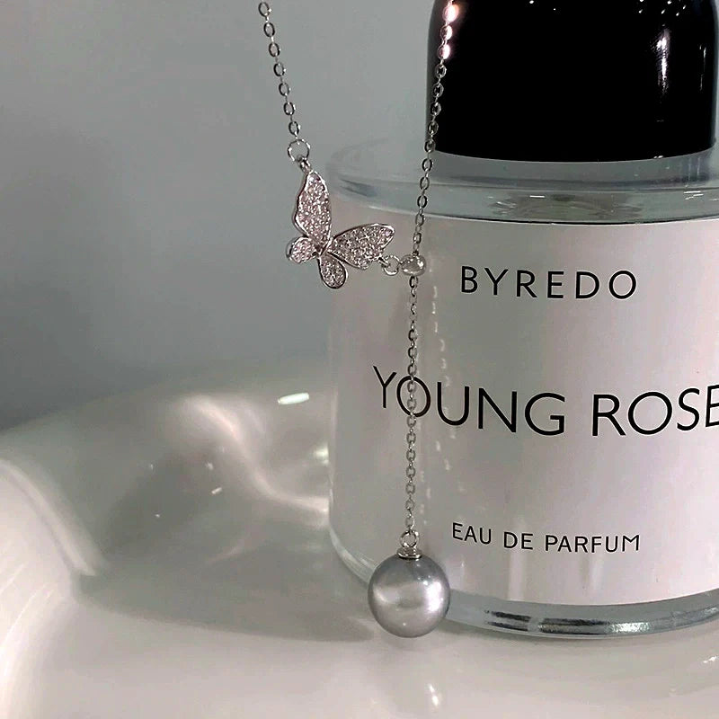 Sterling Silver Fantasy Diamond Butterfly Pearl Necklace