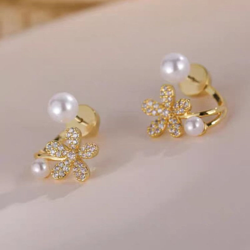 Sterling Silver Flower Pearl Stud Earrings