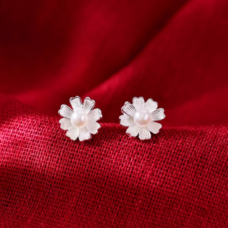 Sterling Silver Flower Pearl Stud Earrings