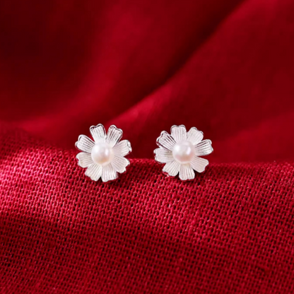 Sterling Silver Flower Pearl Stud Earrings