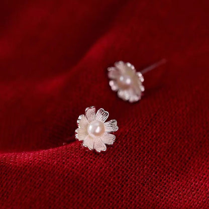 Sterling Silver Flower Pearl Stud Earrings