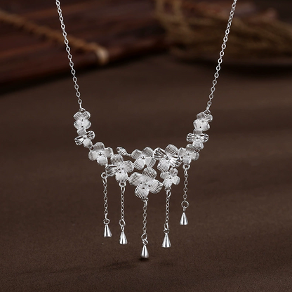 Sterling Silver Flower Water Drop Tassel Necklace
