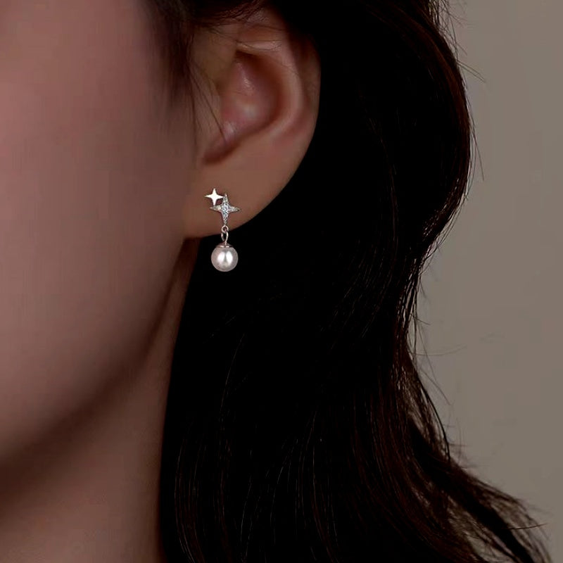 Sterling Silver Four-Pointed Star Pearl Earrings
