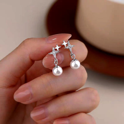 Sterling Silver Four-Pointed Star Pearl Earrings