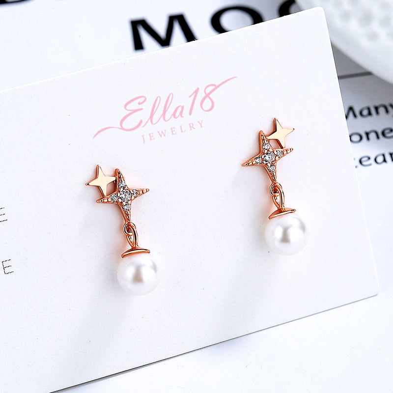 Sterling Silver Four-Pointed Star Pearl Earrings