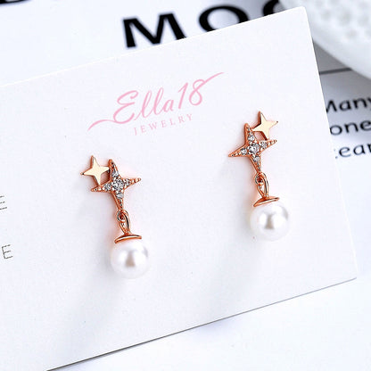 Sterling Silver Four-Pointed Star Pearl Earrings