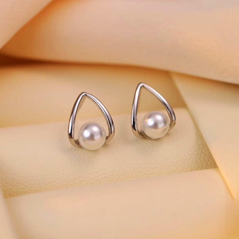 Sterling Silver Geometric Pearl Stud Earrings