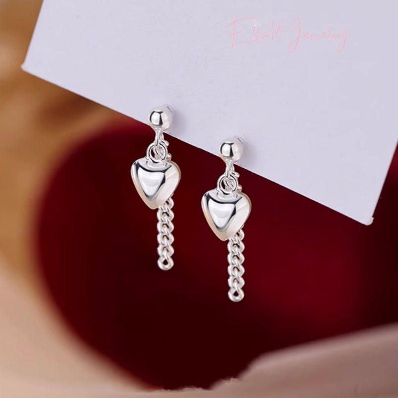 Sterling Silver Heart-Design Chain Earrings
