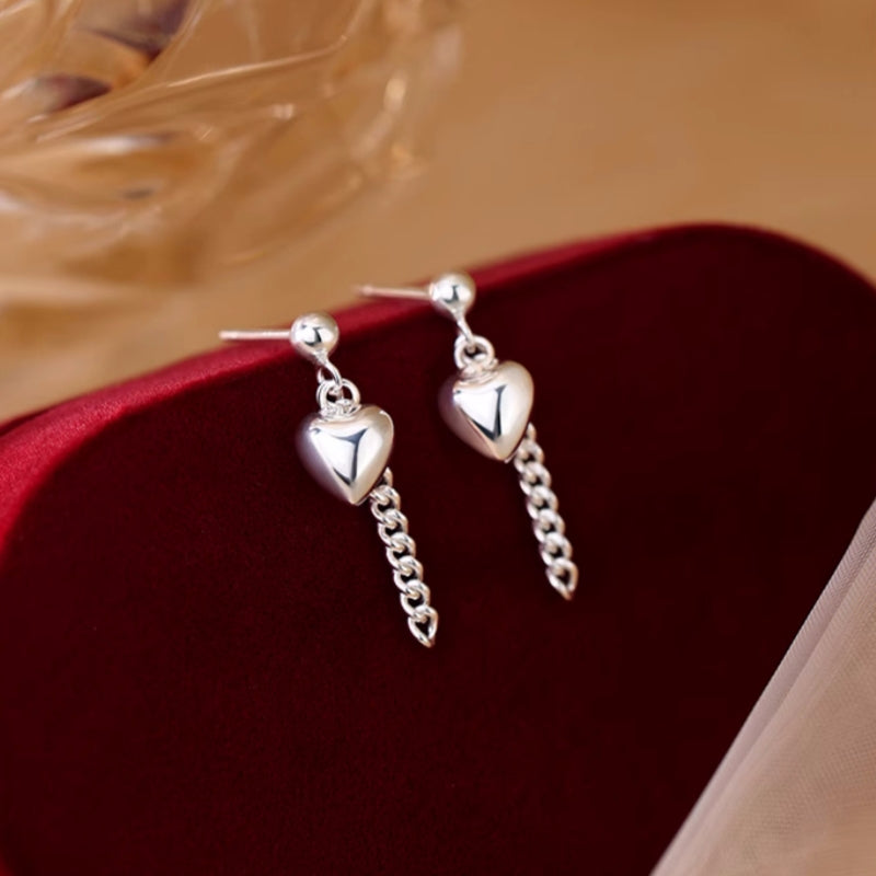 Sterling Silver Heart-Design Chain Earrings
