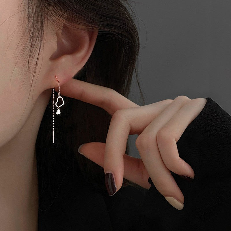 Sterling Silver Heart-Design Chain Threader Earrings