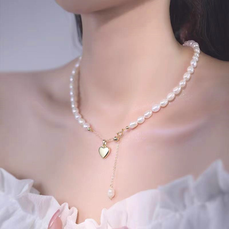 Sterling Silver Heart-Design Natural Pearl Earrings