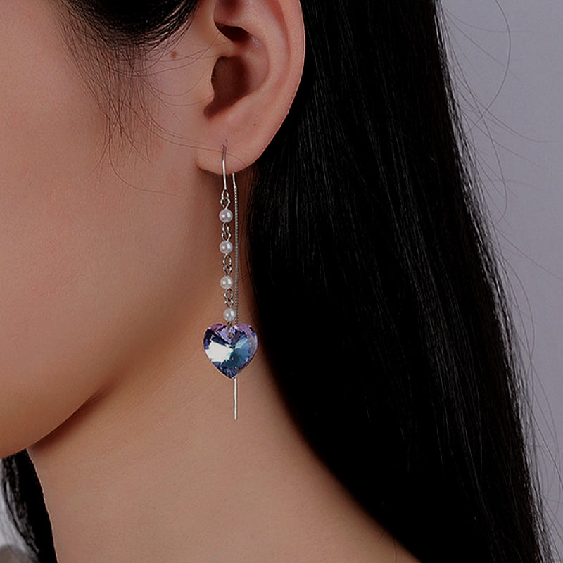 Sterling Silver Heart Pearl Tassel Threader Earrings