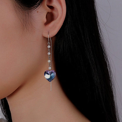 Sterling Silver Heart Pearl Tassel Threader Earrings