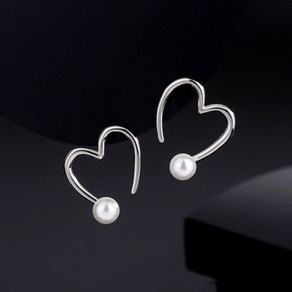 Sterling Silver Hollow Heart Pearl Earrings