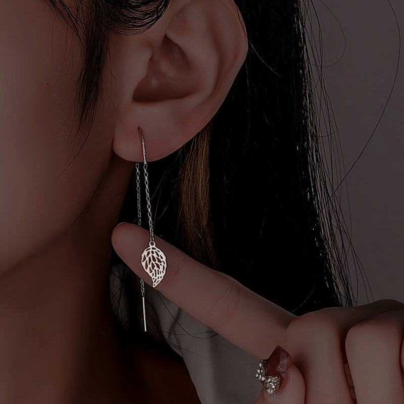 Sterling Silver Hollow Leaf Threader Earrings