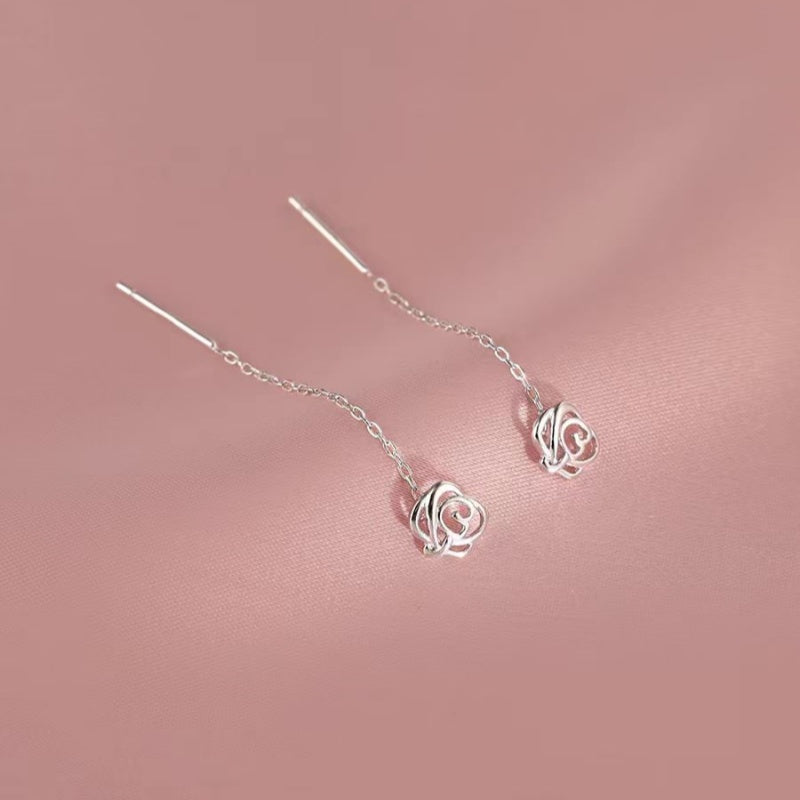 Sterling Silver Hollow Rose Threader Earrings