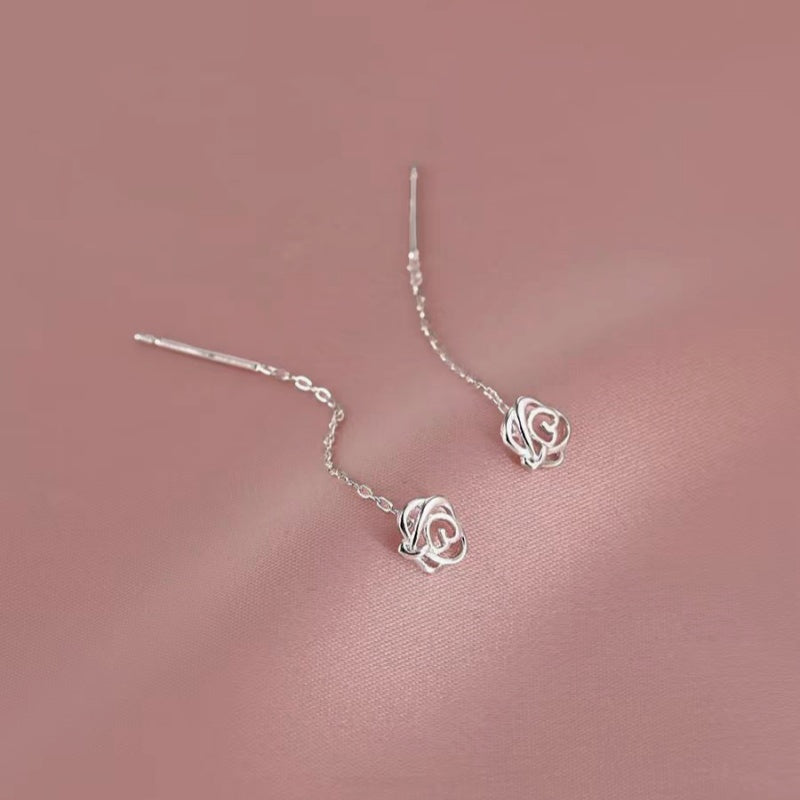 Sterling Silver Hollow Rose Threader Earrings