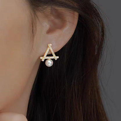 Sterling Silver Hollow Triangular Pearl Stud Earrings