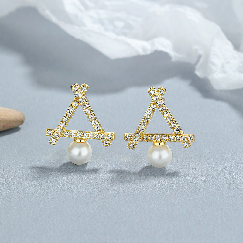 Sterling Silver Hollow Triangular Pearl Stud Earrings