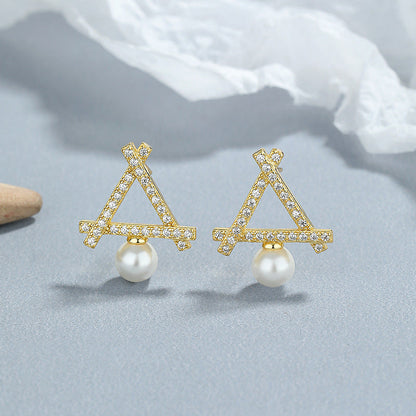 Sterling Silver Hollow Triangular Pearl Stud Earrings