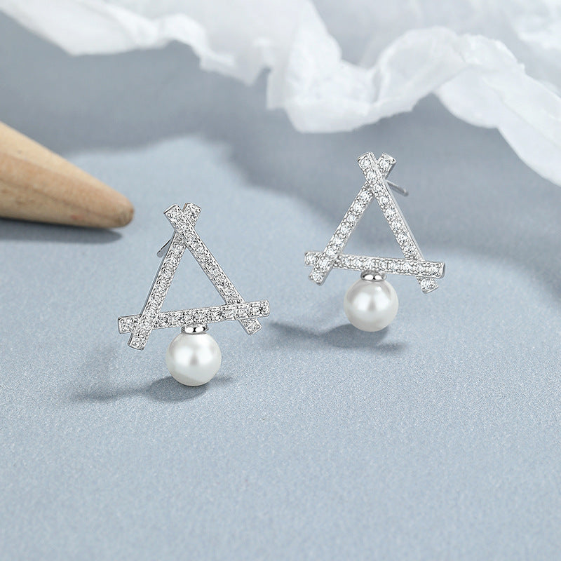Sterling Silver Hollow Triangular Pearl Stud Earrings