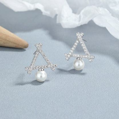 Sterling Silver Hollow Triangular Pearl Stud Earrings
