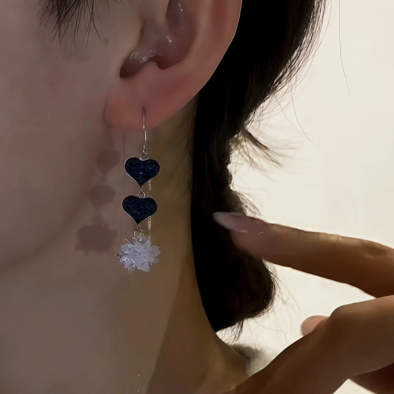 Sterling Silver Ice Crystal Heart Threader Tassel Earrings