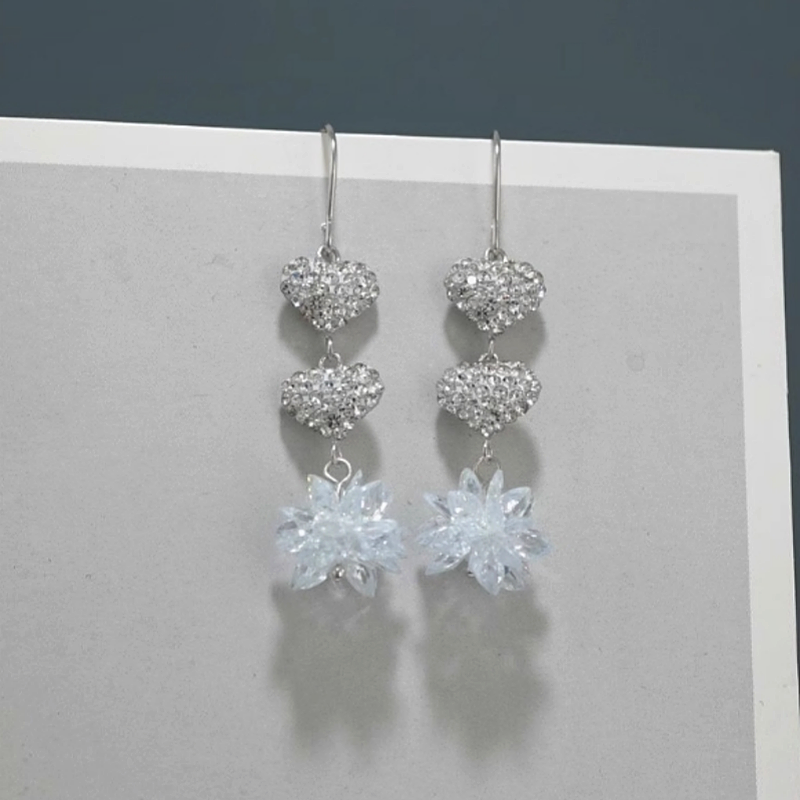 Sterling Silver Ice Crystal Heart Threader Tassel Earrings