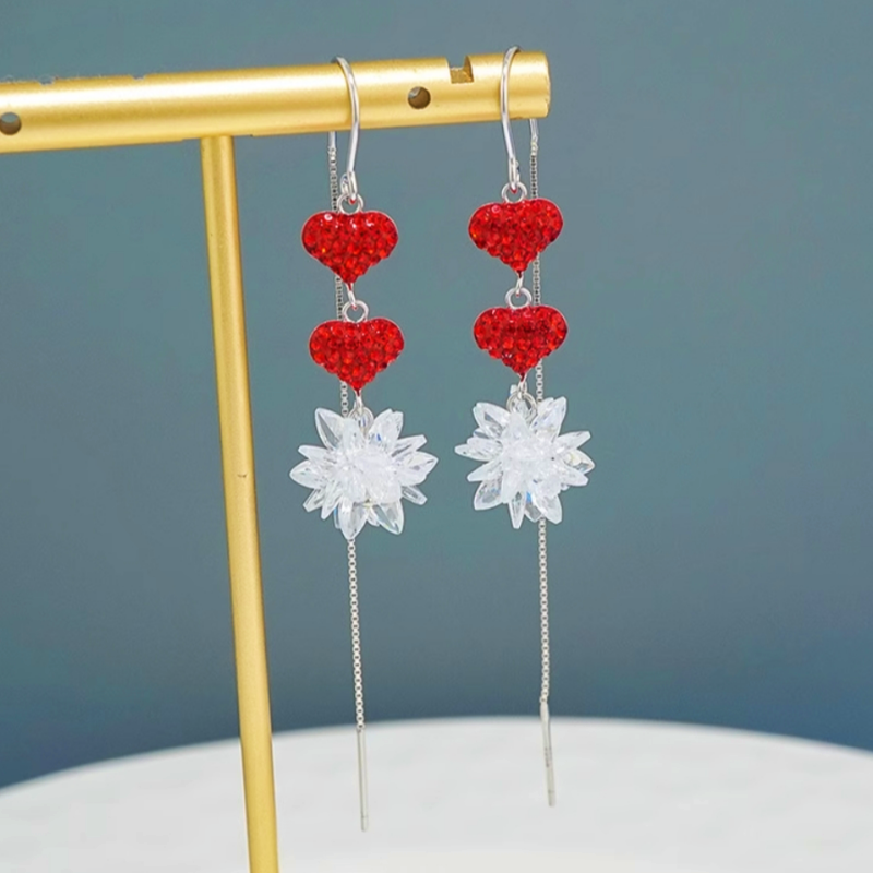 Sterling Silver Ice Crystal Heart Threader Tassel Earrings