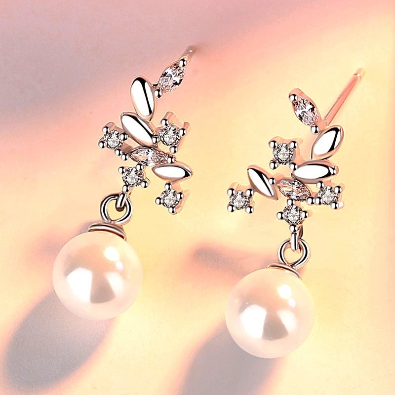 Sterling Silver Leaf Artificial Pearl Earrings