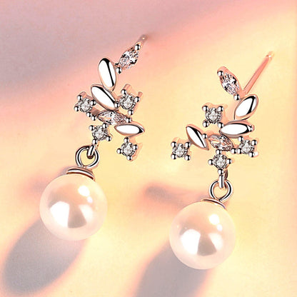 Sterling Silver Leaf Artificial Pearl Earrings
