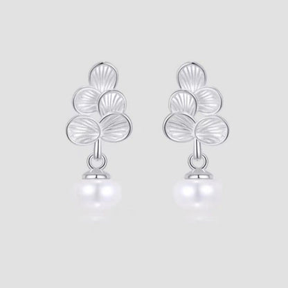 Sterling Silver Leaf Pearl Drop Earrings