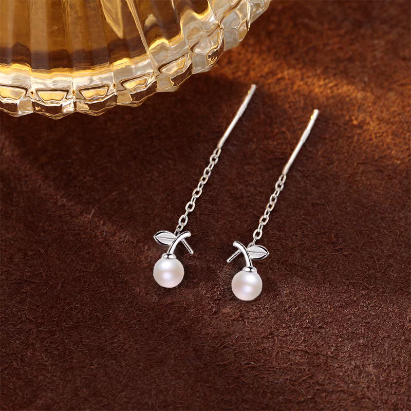 Sterling Silver Leaf Pearl Tassel Earrings